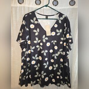 Womens Black Floral Short Sleeve Blouse Vneck NWT 3XL